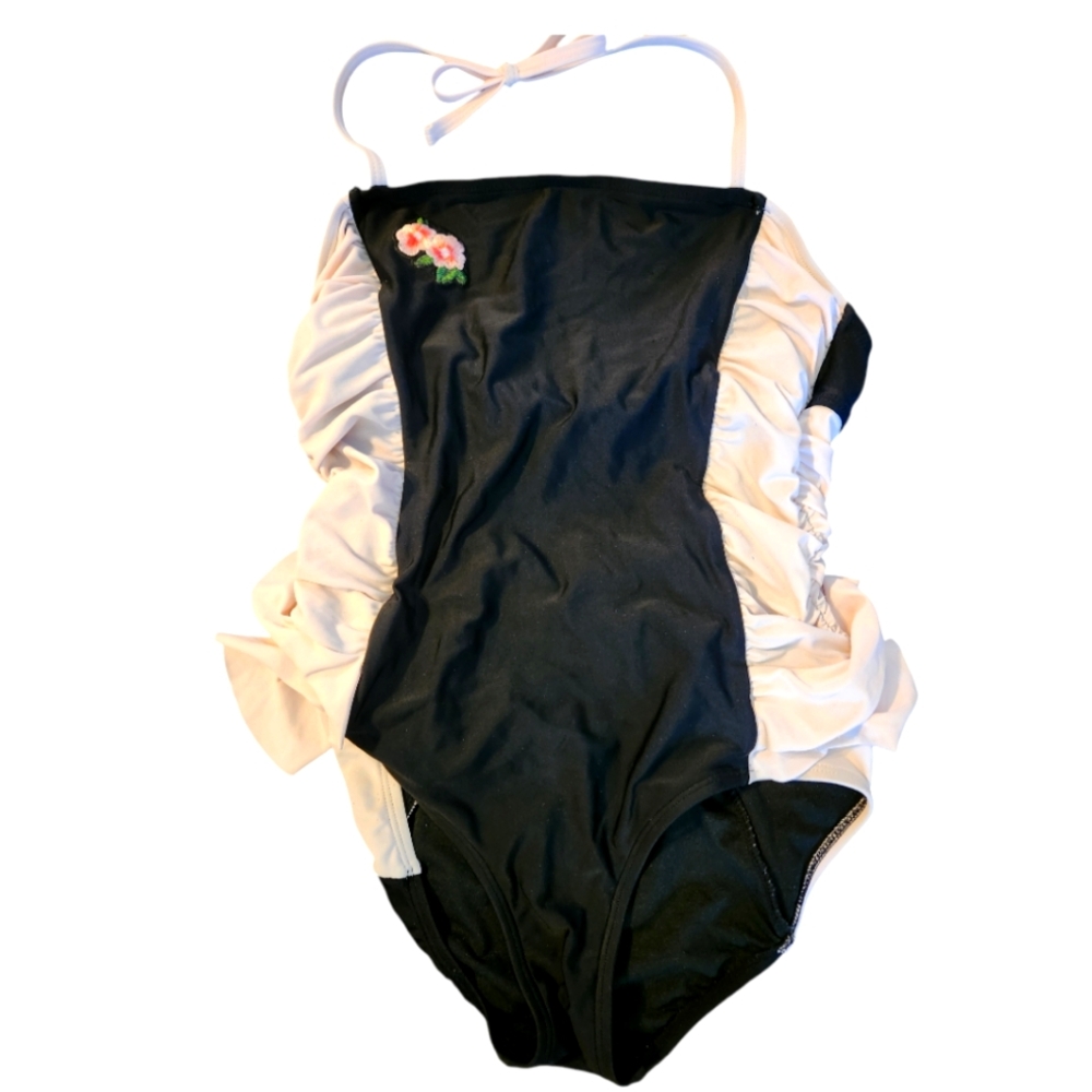 Summer Crush Black Pink Embroidered Flower Ruffle Side Halter Swimsuit Size 18